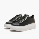 Μαύρα δερμάτινα sneakers με στρας και κορδόνια
