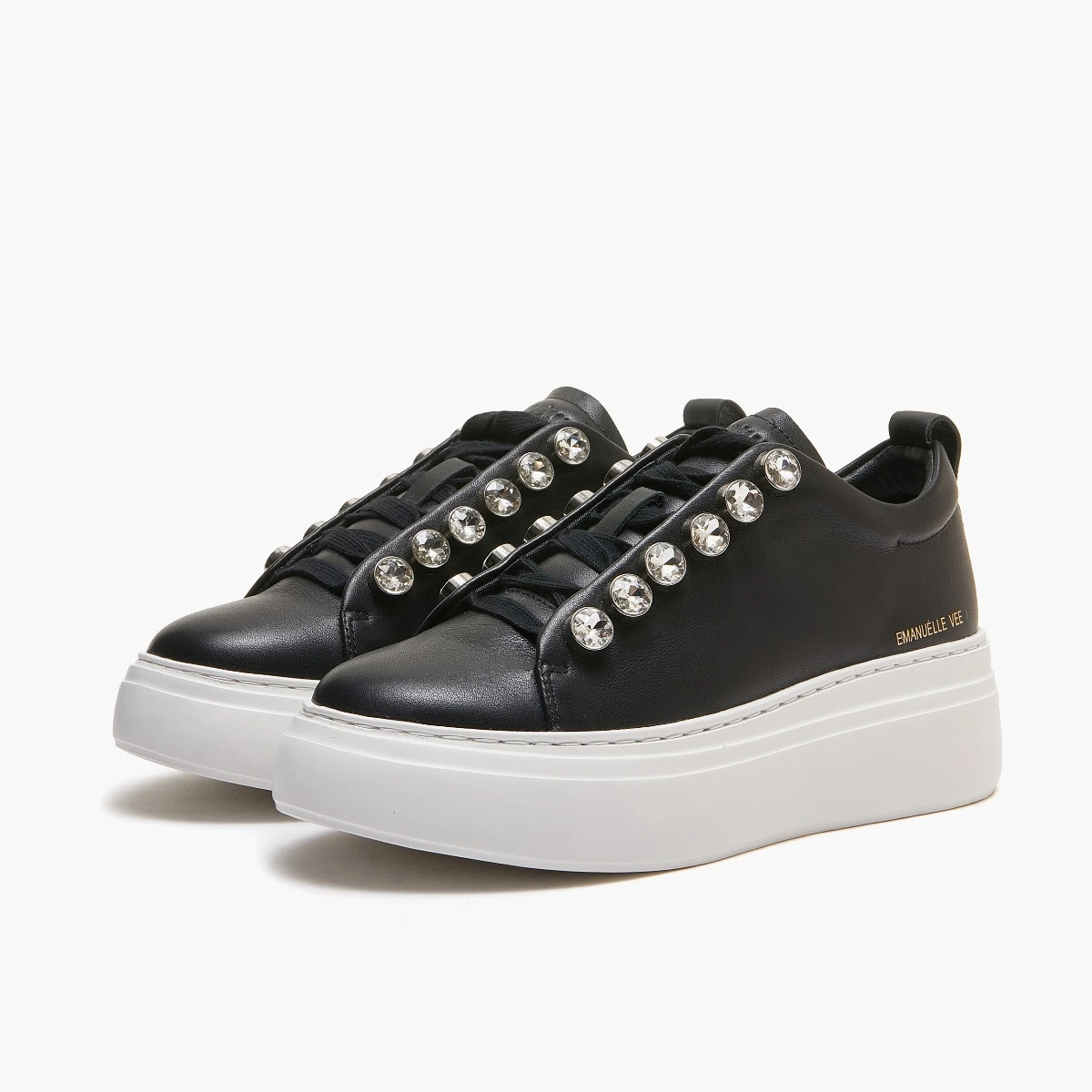 EVS1042 Μαύρα δερμάτινα sneaker με στρας και κορδόνια 2 Μαύρα δερμάτινα sneakers με στρας και κορδόνια - Image 1