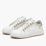 Δερμάτινα λευκά sneakers με χρυσά στρας