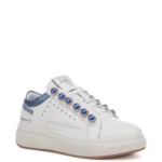 Δερμάτινα λευκά sneakers με μπλε στρας