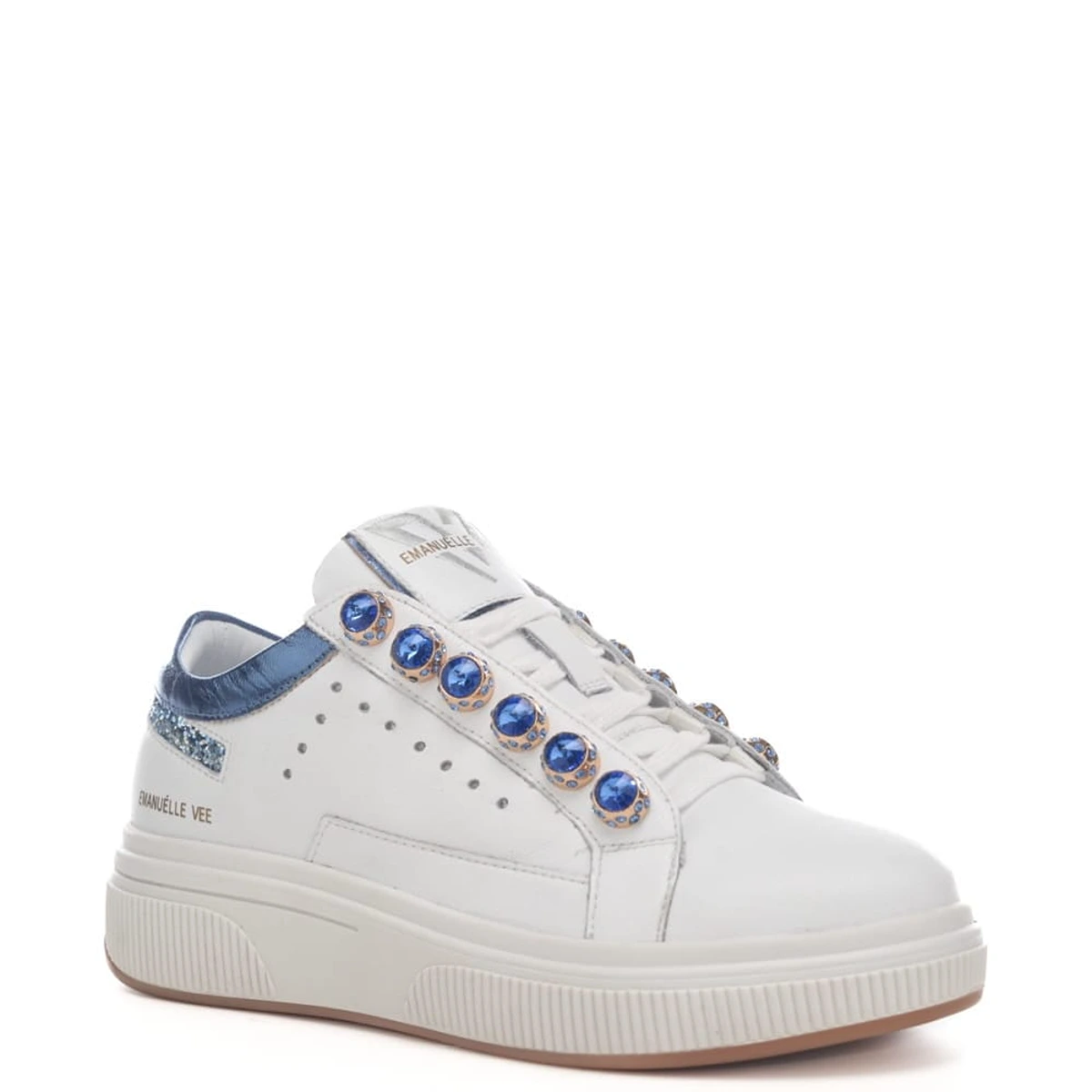 EVSB32 sneakers με στρας και κορδόνια μπλε- 2 Δερμάτινα λευκά sneakers με μπλε στρας - Image 1