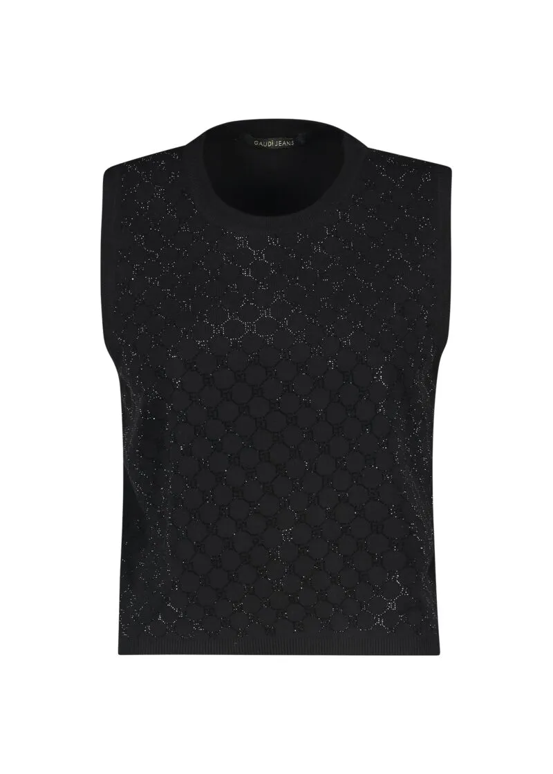 BD09GD42 BLACK Μαύρο αμάνικο πλεκτό καζάκα με λογότυπο και στρας -1 Μαύρο αμάνικο πλεκτό με λογότυπο και στρας - Image 1