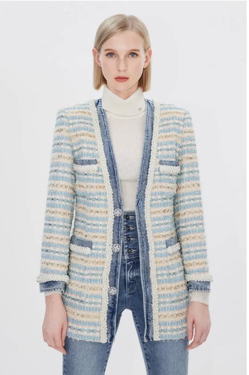 MIS03 Τζιν blazer κεντημένο με χρυσή κλωστή και πέρλες -1 Τζιν blazer κεντημένο με χρυσή κλωστή και πέρλες - Image 1