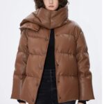 Καφέ δερμάτινο puffer μπουφάν με αποσπώμενο γιακά