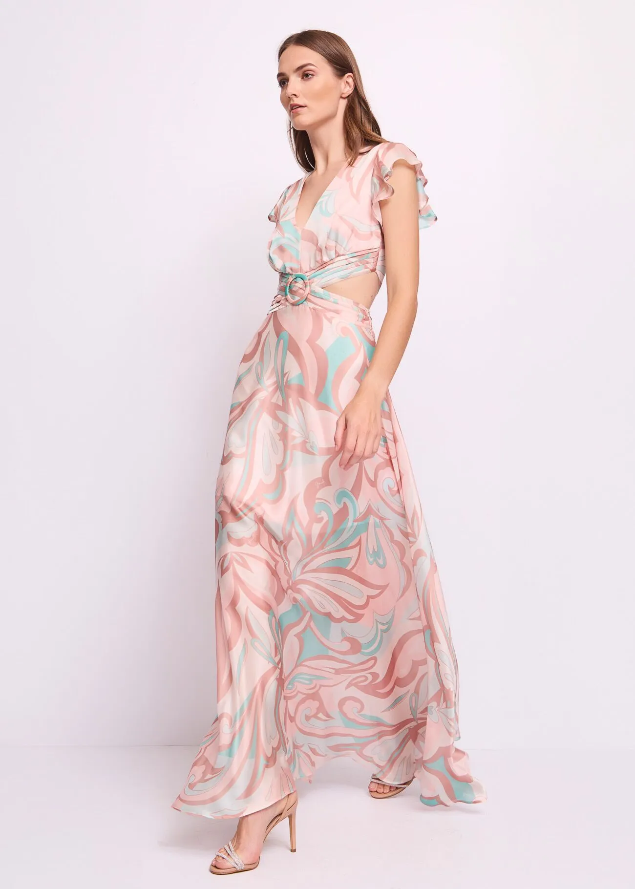 FD01GD52 Maxi chiffon φόρεμα σε παστέλ αποχρώσεις με floral print και άνοιγμα στα πλάγια -4 Maxi φόρεμα chiffon σε παστέλ αποχρώσεις με cut-out σχέδιο - Image 1