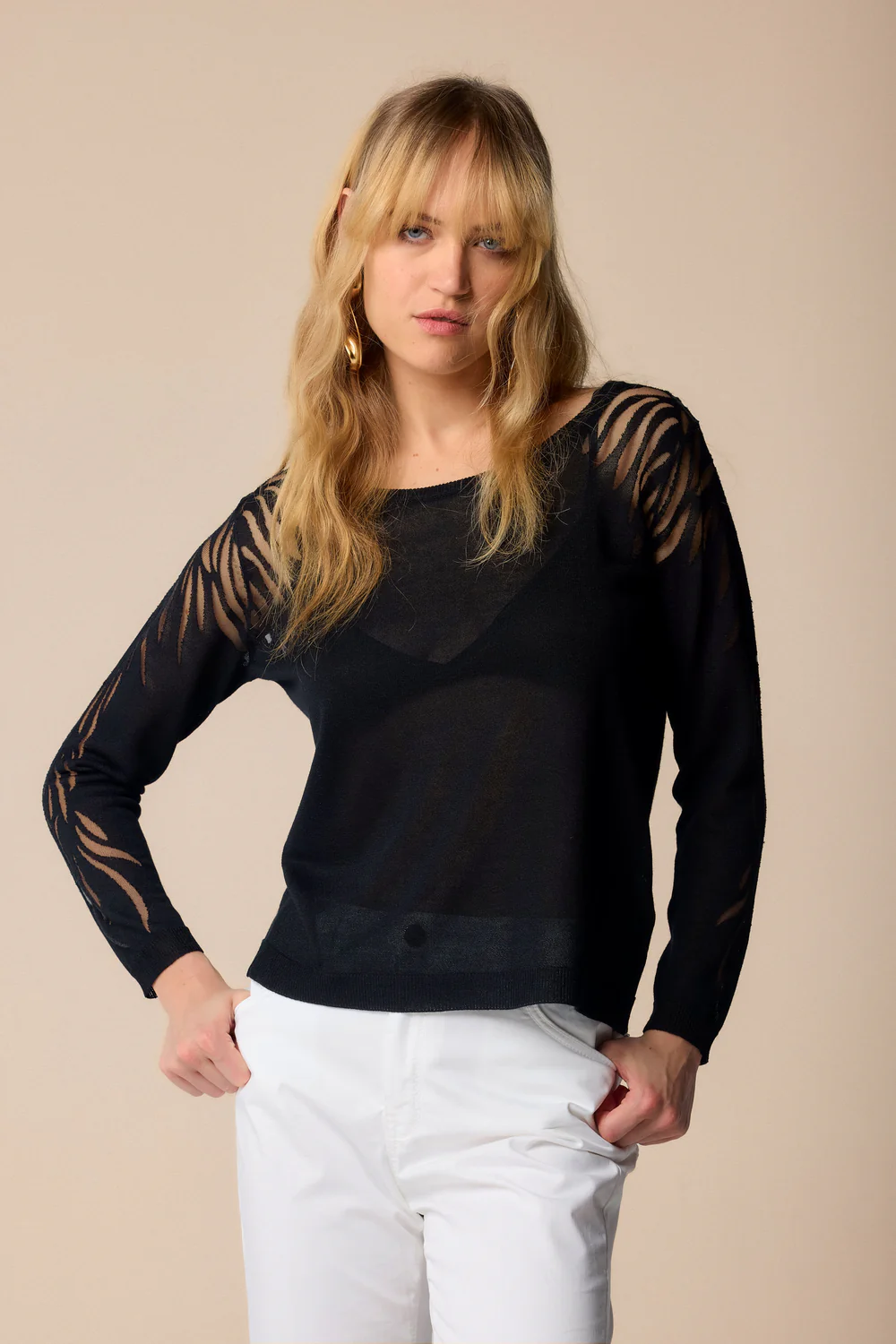 KODE52 Μαύρη see through μπλούζα με σχέδιο γραμμών στα μανίκια -1 Μαύρη see through μπλούζα με διαφάνεια και γραμμικά σχέδια στα μανίκια - Image 1