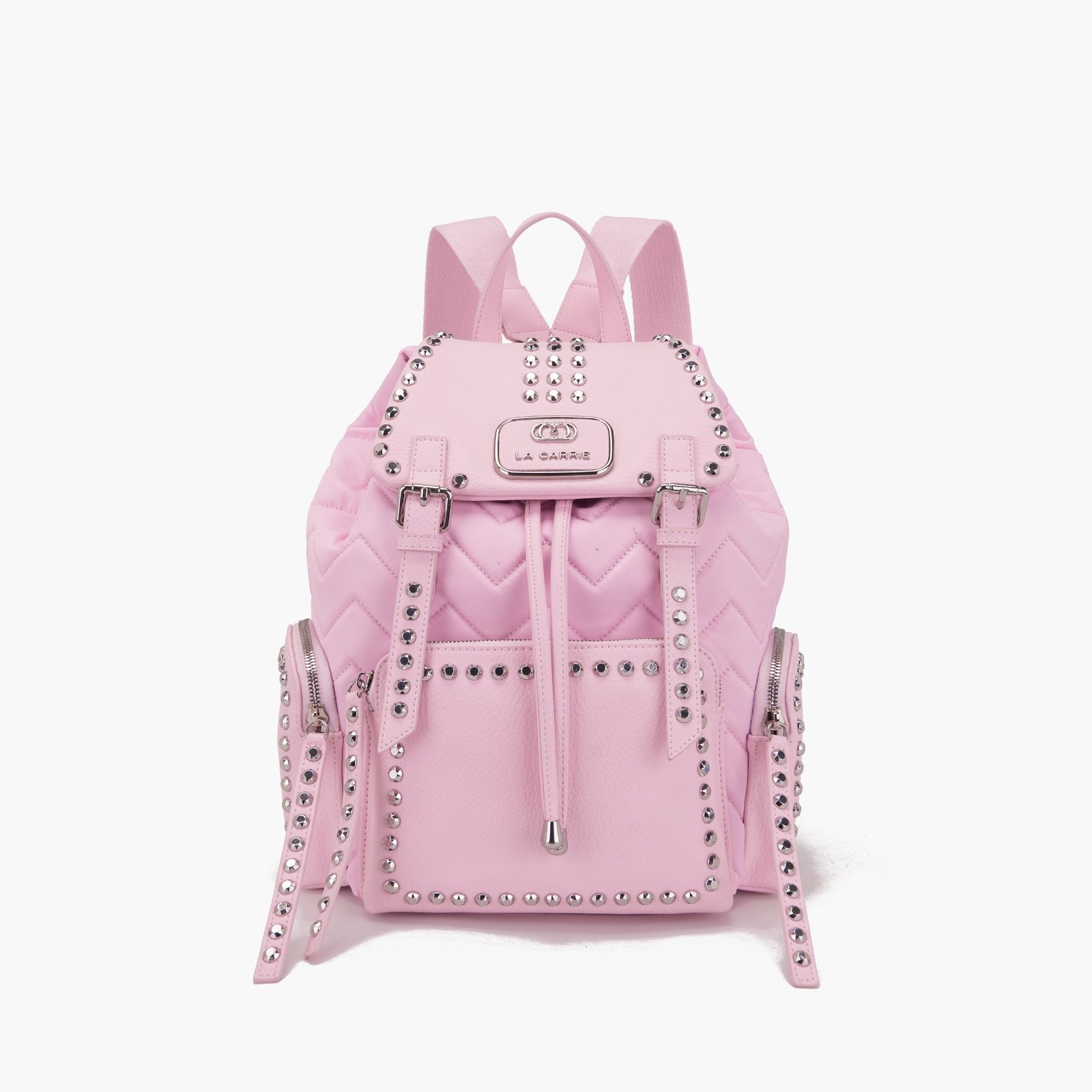 L06C52 Ροζ ευρύχωρο backpack με ασημένιες λεπτομέρειες -1 Ροζ backpack με ασημένια τρουκς και καπιτονέ υφή - Image 1