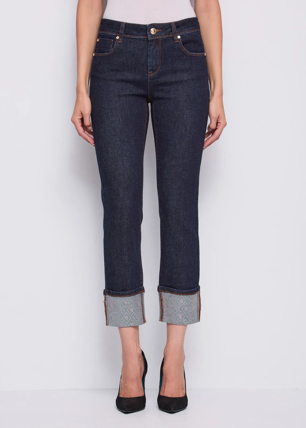 BD04GD62 Τζιν σε skinny cropped γραμμή με στρας στο τελείωμα -1 Μπλε τζιν σε skinny cropped γραμμή με ρεβέρ και στρας - Image 1