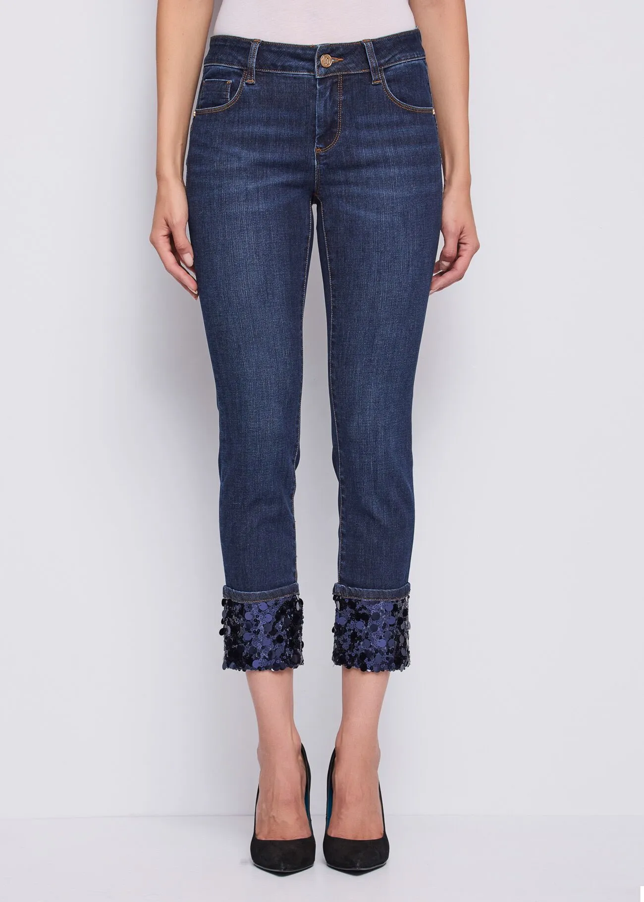 BD05GD62 Τζιν cropped skinny με παγιέτες στο τελείωμα -1 Μπλε skinny τζιν ψηλόμεσο με παγιέτες στο τελείωμα - Image 1