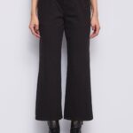 Μαύρο ίσιο cropped παντελόνι από ελαστικό twill με ζώνη
